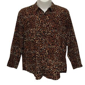 Nine West Blouse Top Womens Size XXL Brown Animal Print Long Sleeve Lightweight